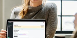 Woman using clevr360 by cloduclevr on a laptop device