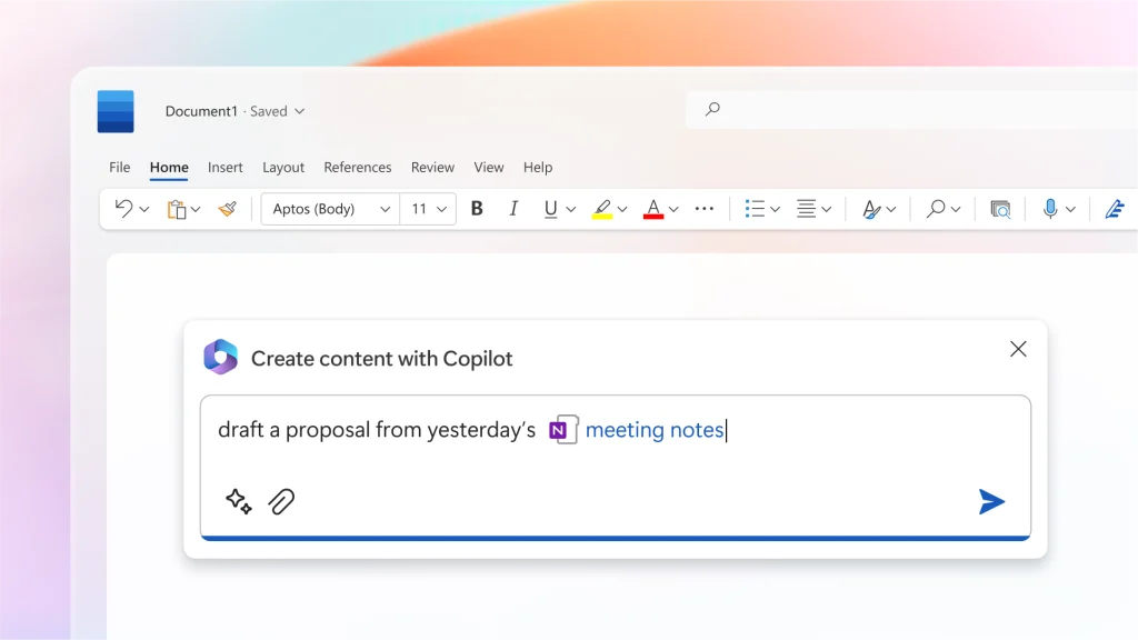 A word document showing how to create content with Copilot