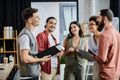 People standing up talking about work